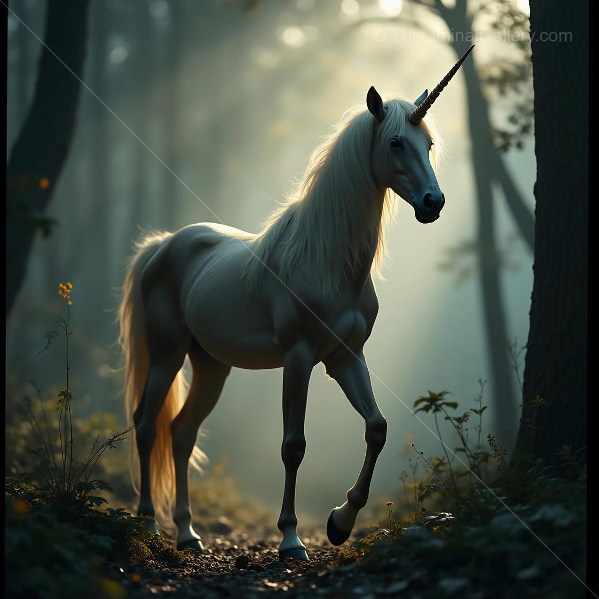 Enchanted unicorn walking gracefully through a misty forest at dawn in a magical world