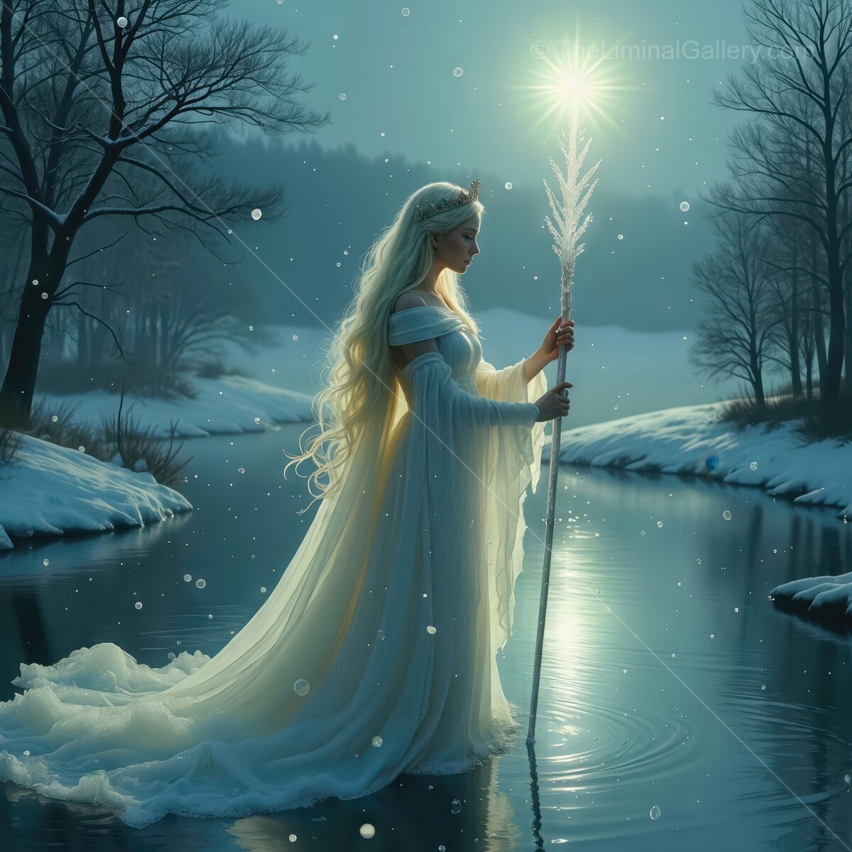 Enchanting winter scene of a mystical frost mage casting light on a snowy river at twilight