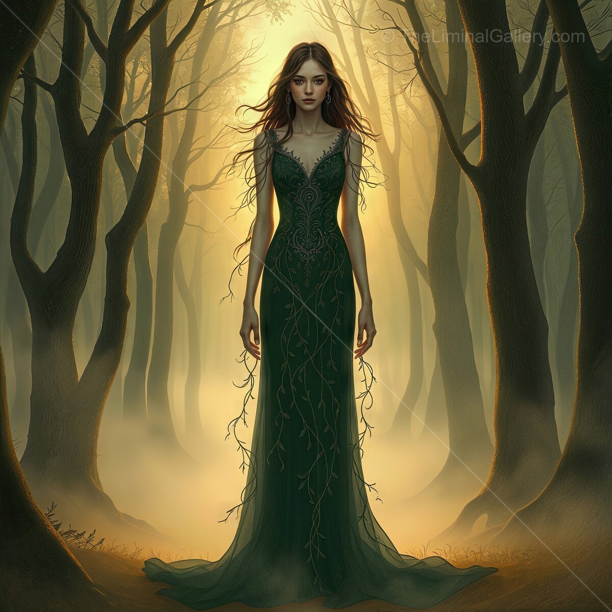 Enchanting dryad in a mystical forest wearing a stunning green gown illuminated by golden light at dusk