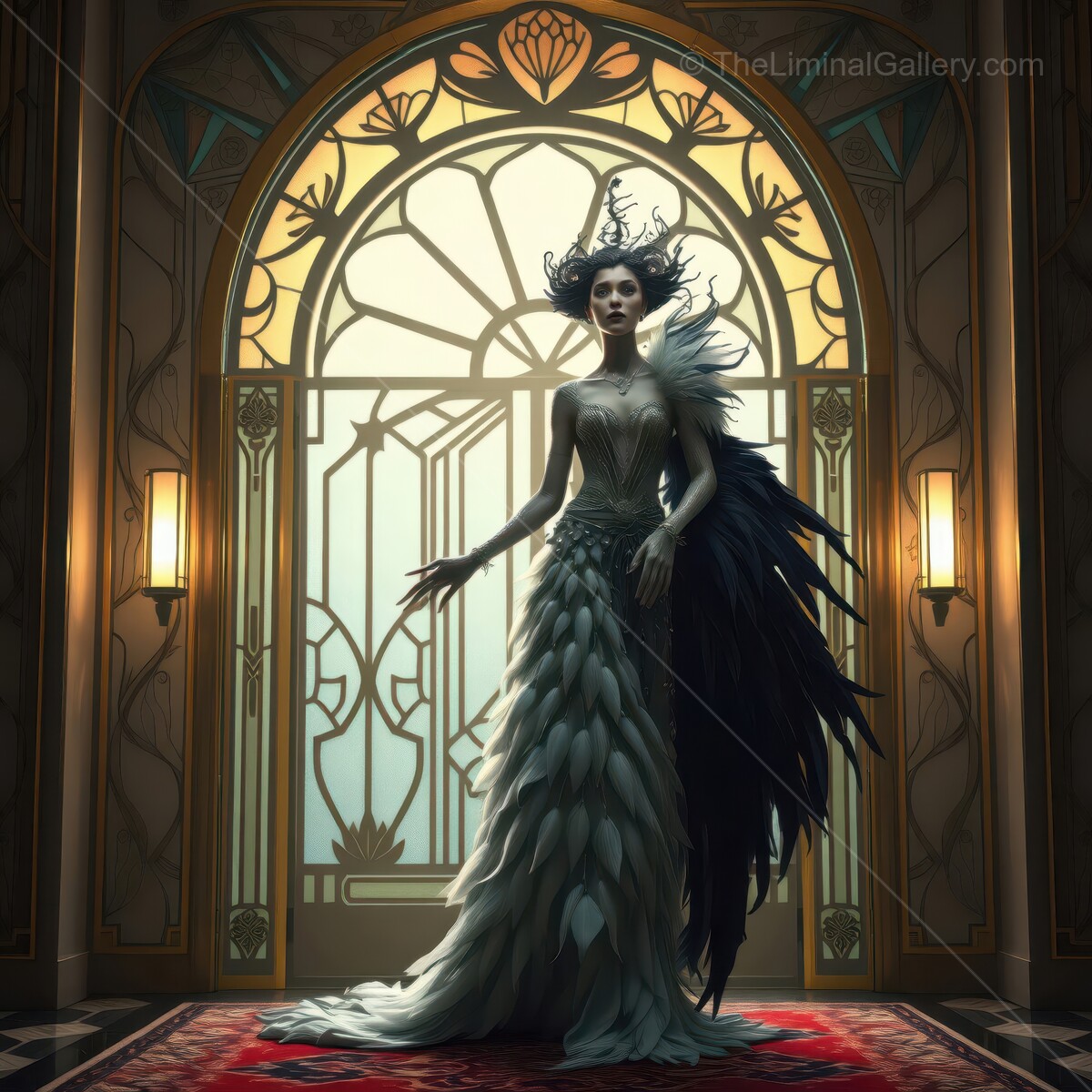 Striking fantasy bird woman in an elegant gown stands poised against a grand stained glass backdrop