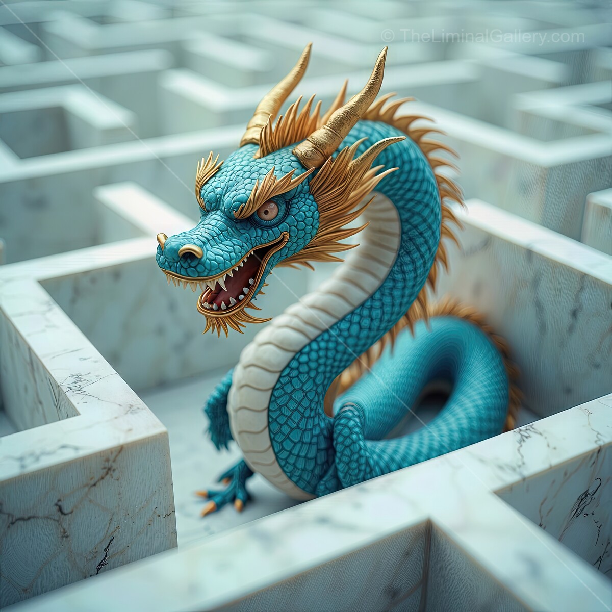 Enigmatic azure dragon navigating a complex marble maze in a surreal realm at dusk