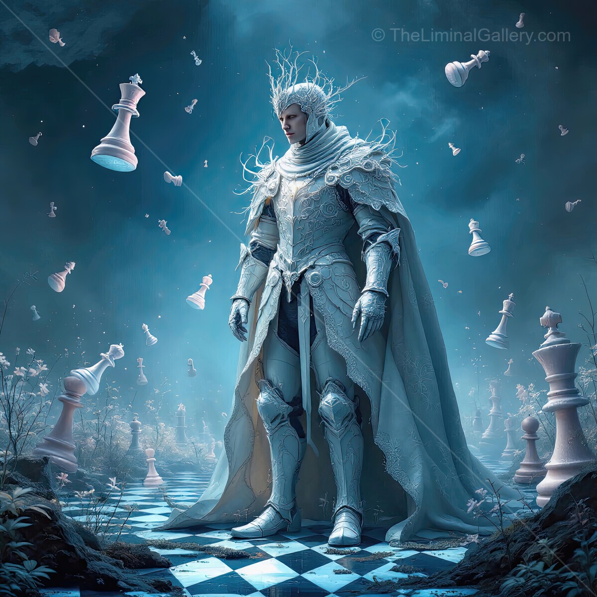 Enigmatic chess knight stands in a mystical landscape during twilight in a realm of dreams