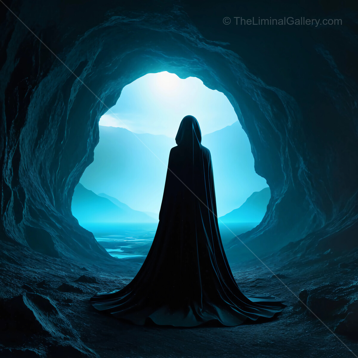 Enigmatic figure stands at the entrance of a mystical cave illuminated by ethereal blue light
