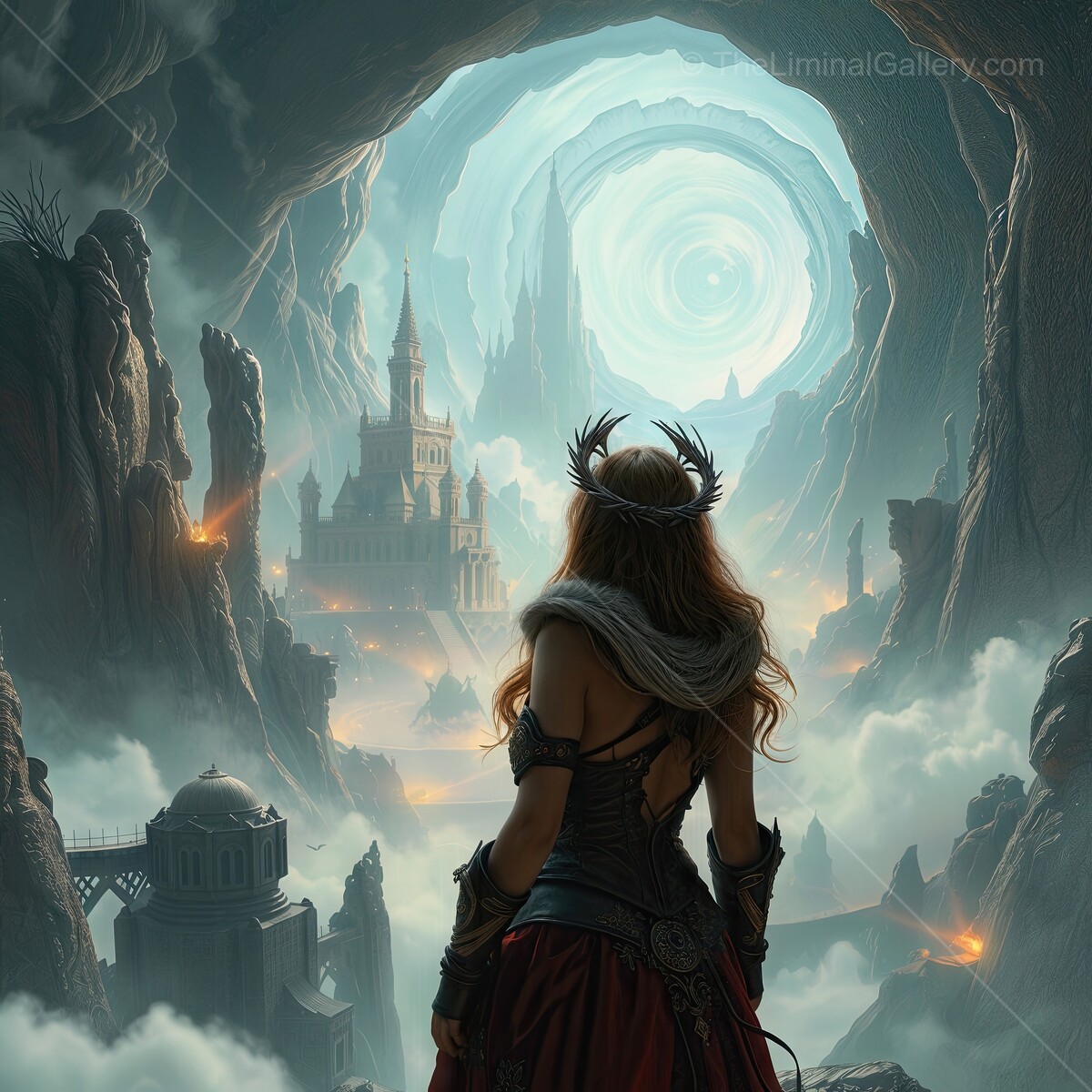 Enigmatic warrior woman gazes at the mystical kingdom shrouded in swirling mist and ancient ruins