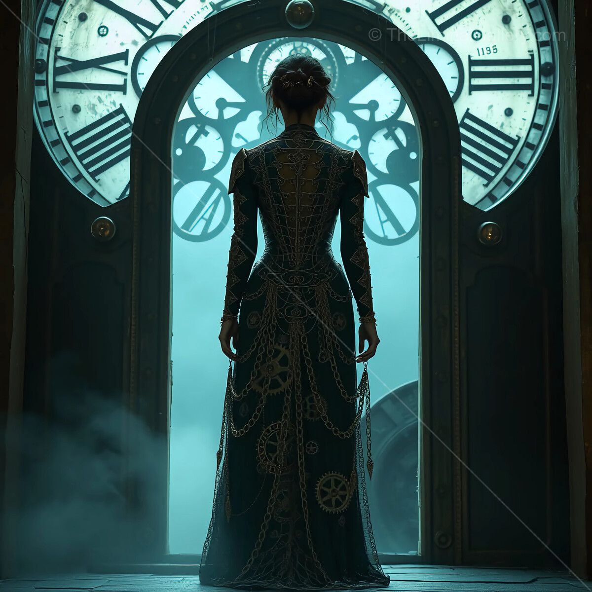 Enigmatic woman stands before a massive clock portal in a mystical realm at twilight