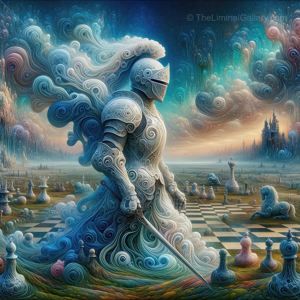 Epic encounter of a knight shrouded in swirling clouds on a mystical chessboard landscape