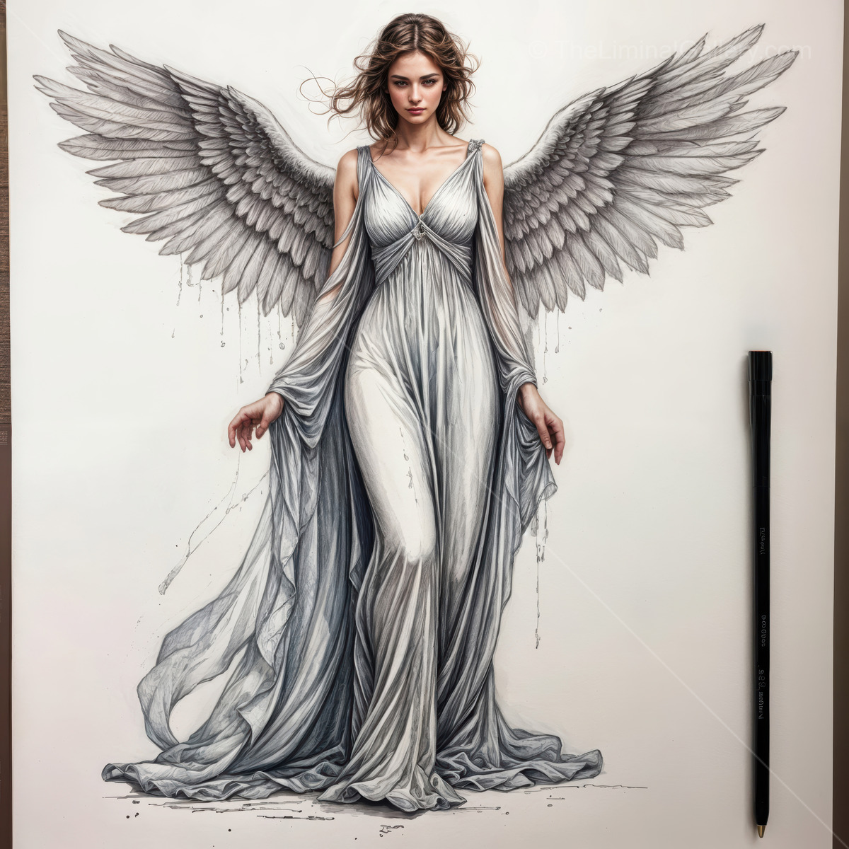 Ethereal angel gracefully emerging with majestic wings in a serene artistic depiction