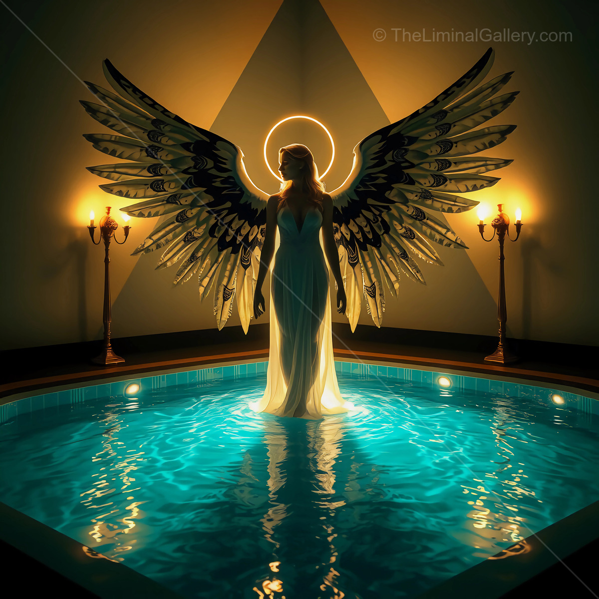 Ethereal angel stands gracefully in a shimmering pool of light during a serene night