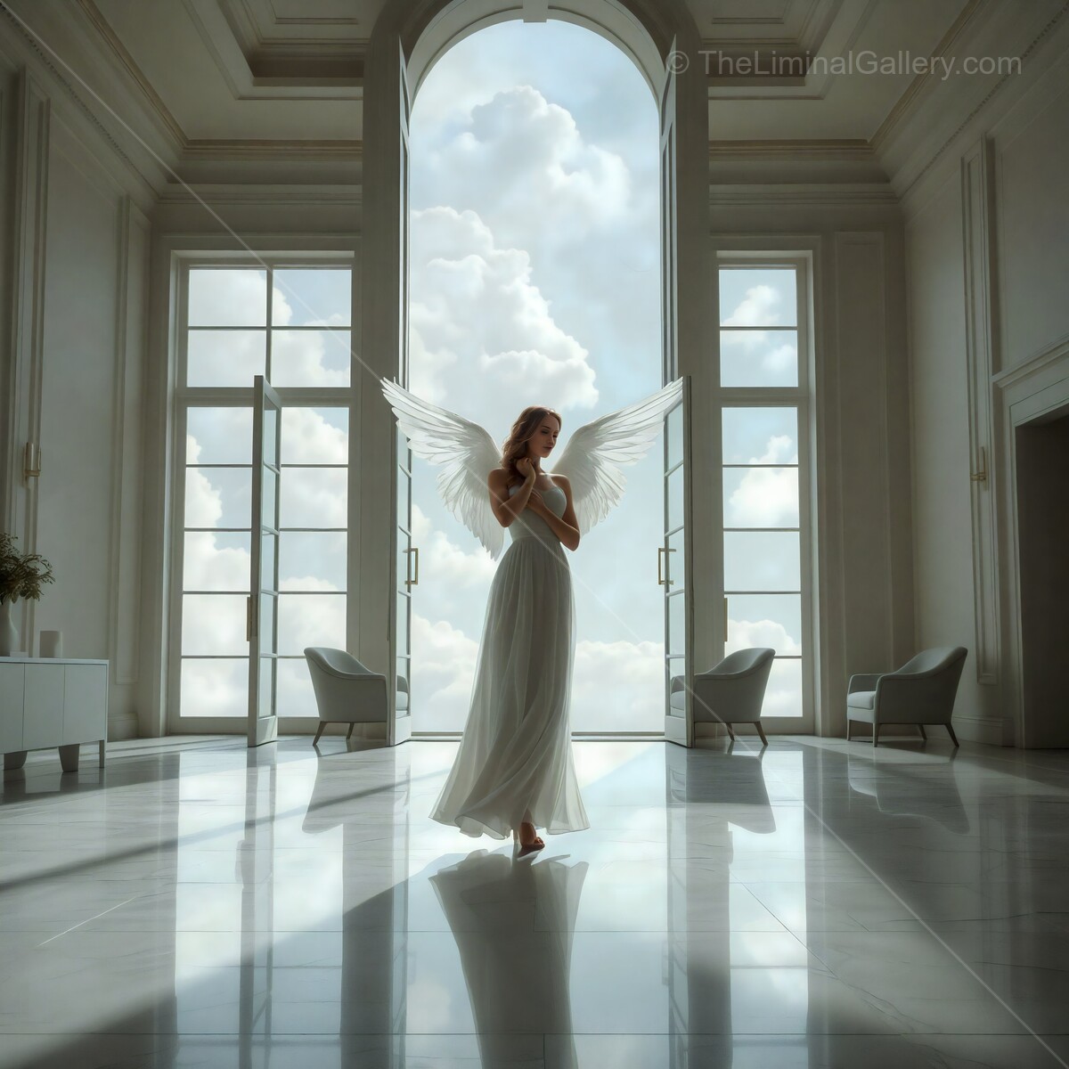 Ethereal angel woman with angelic wings poses gracefully in a sunlit grand hall surrounded by clouds