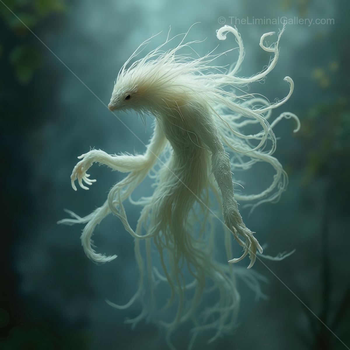 Ethereal creature dances in enchanted forest mist during twilight hours