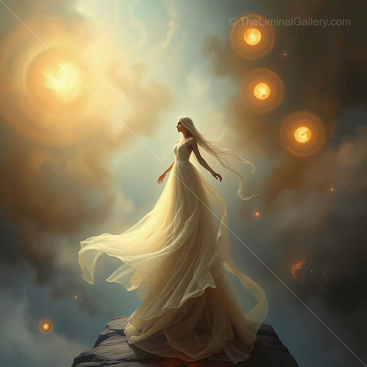 Ethereal woman dancing gracefully amidst swirling cosmic lights and vibrant stars in a mystical realm