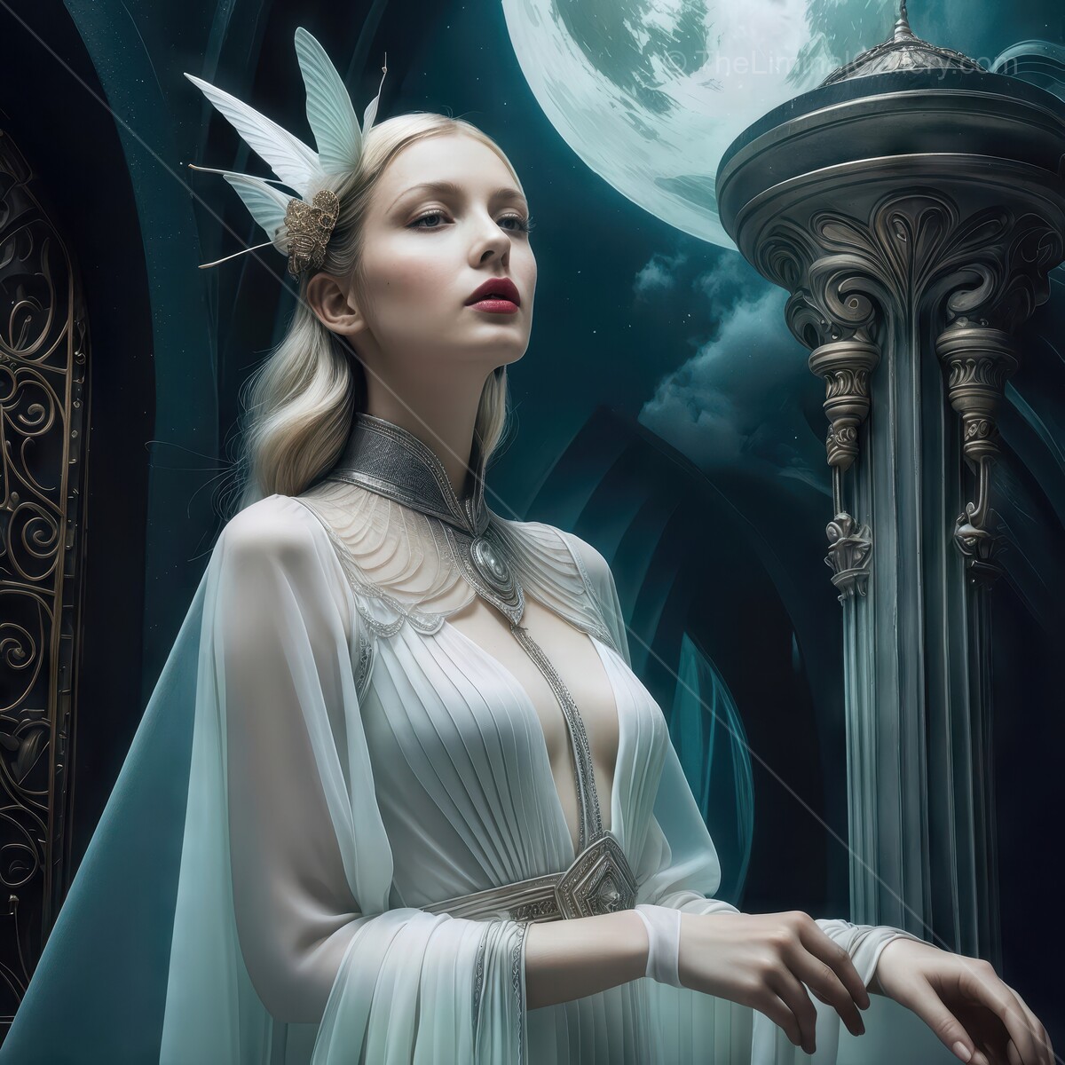 Ethereal elegance graces a moonlit chamber filled with mythical allure and enchanting beauty
