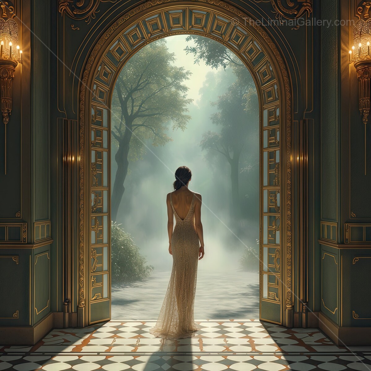 Ethereal art deco woman walking through ornate archway into a mystical forest at dawn, blending elegance with nature's enchantment