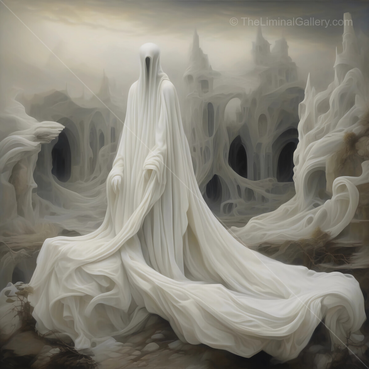 Ethereal figure draped in flowing white garments stands amidst a haunting, deserted landscape at dusk