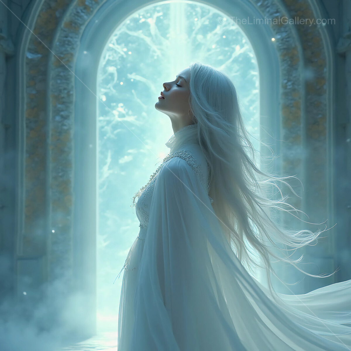 Ethereal figure in flowing white gown stands in enchanted hall illuminated by radiant light
