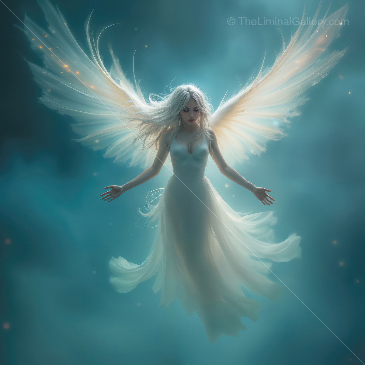 Ethereal guardian emerges from a mystical fog, enveloped in soft light and angelic wings, captivating all who gaze upon her