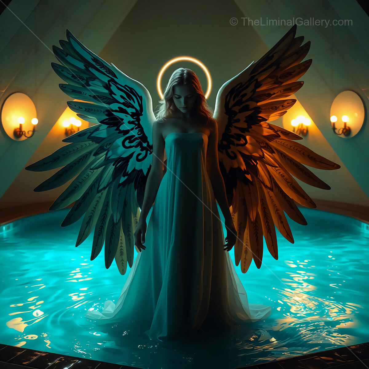 Ethereal angel with striking wings emerges from a mystical pool under soft ambient light
