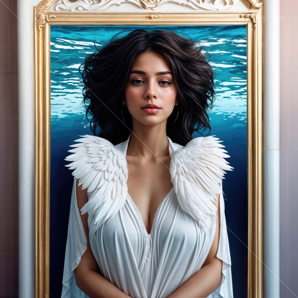 Enchanting woman with ethereal wings emerging from a serene underwater realm