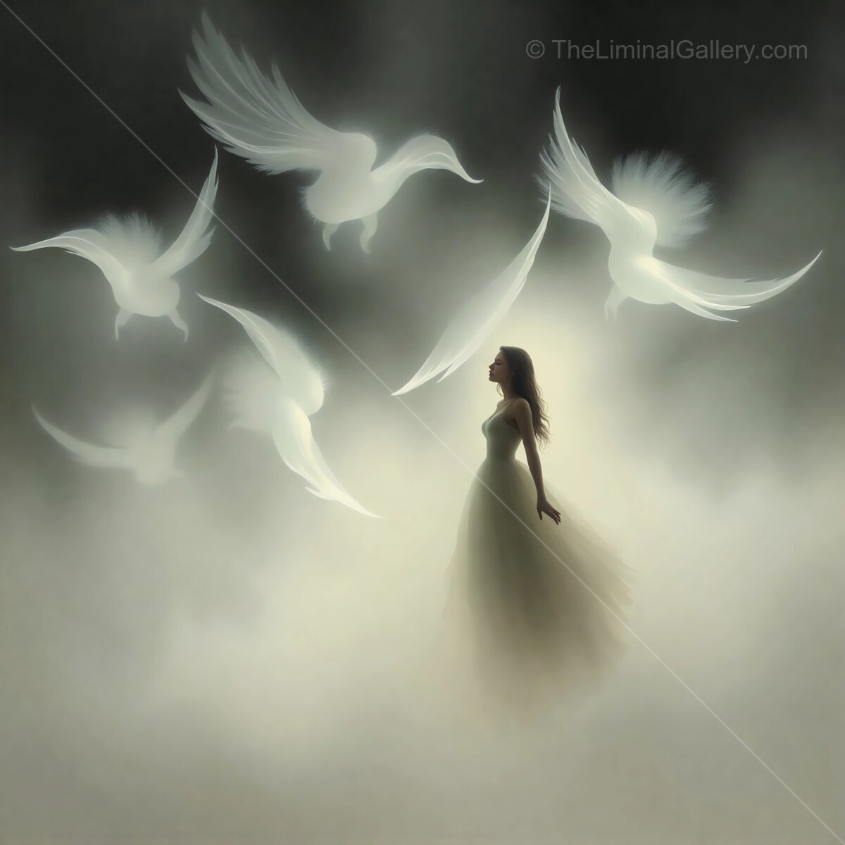 Ethereal woman surrounded by glowing birds in a mystical foggy landscape at twilight