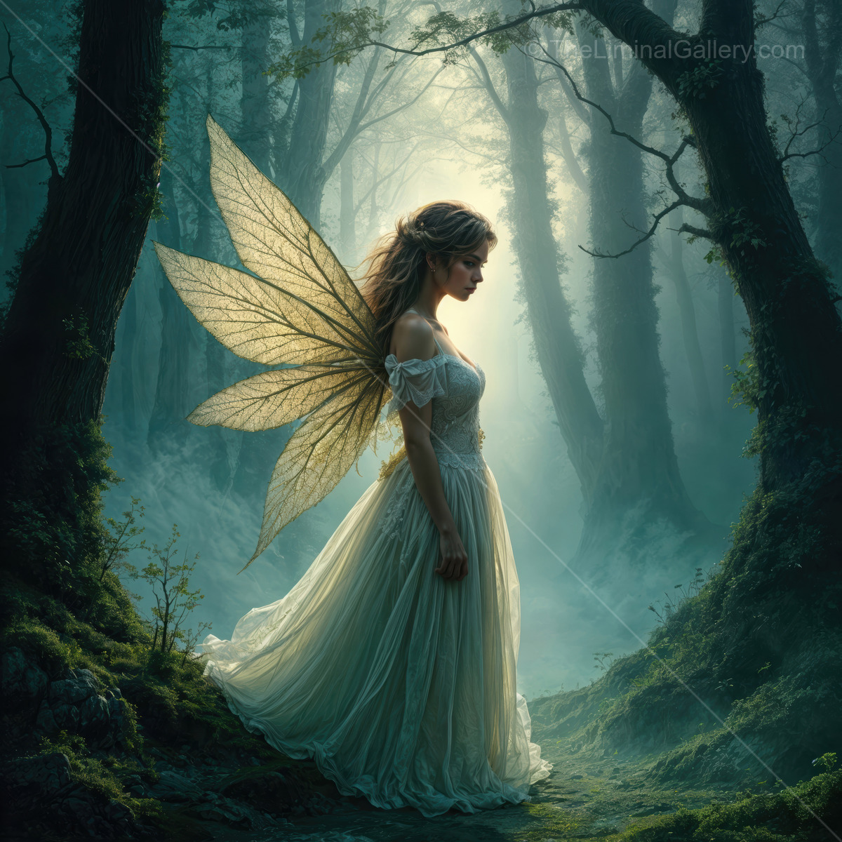 Enchanted forest scene with a fairy in delicate dress and shimmering wings basking in soft, mystical light