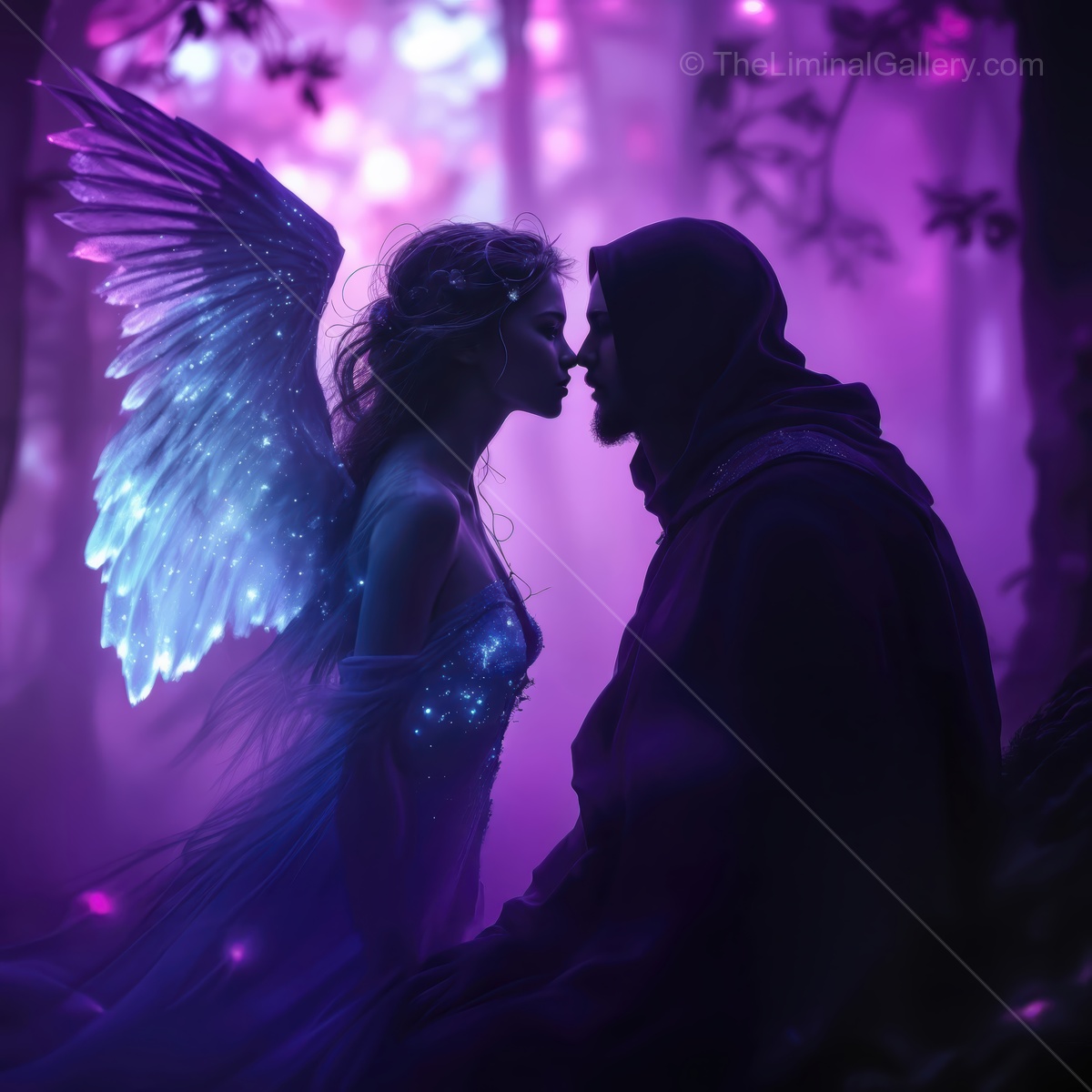 Mystical encounter between a fairy and a hooded figure in a enchanted forest at twilight