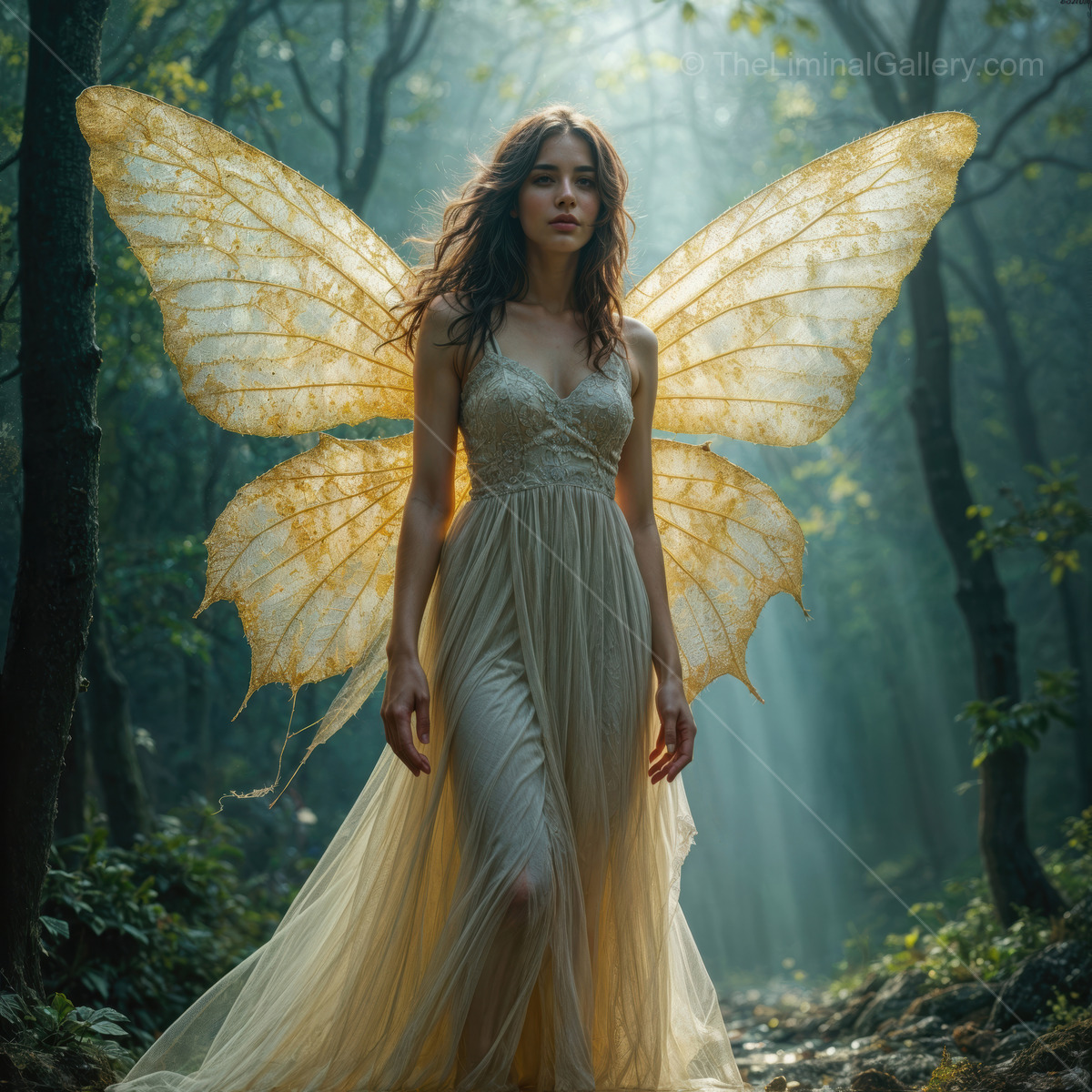 Enchanting fairy in a mystical forest during morning light with delicate wings and elegant gown