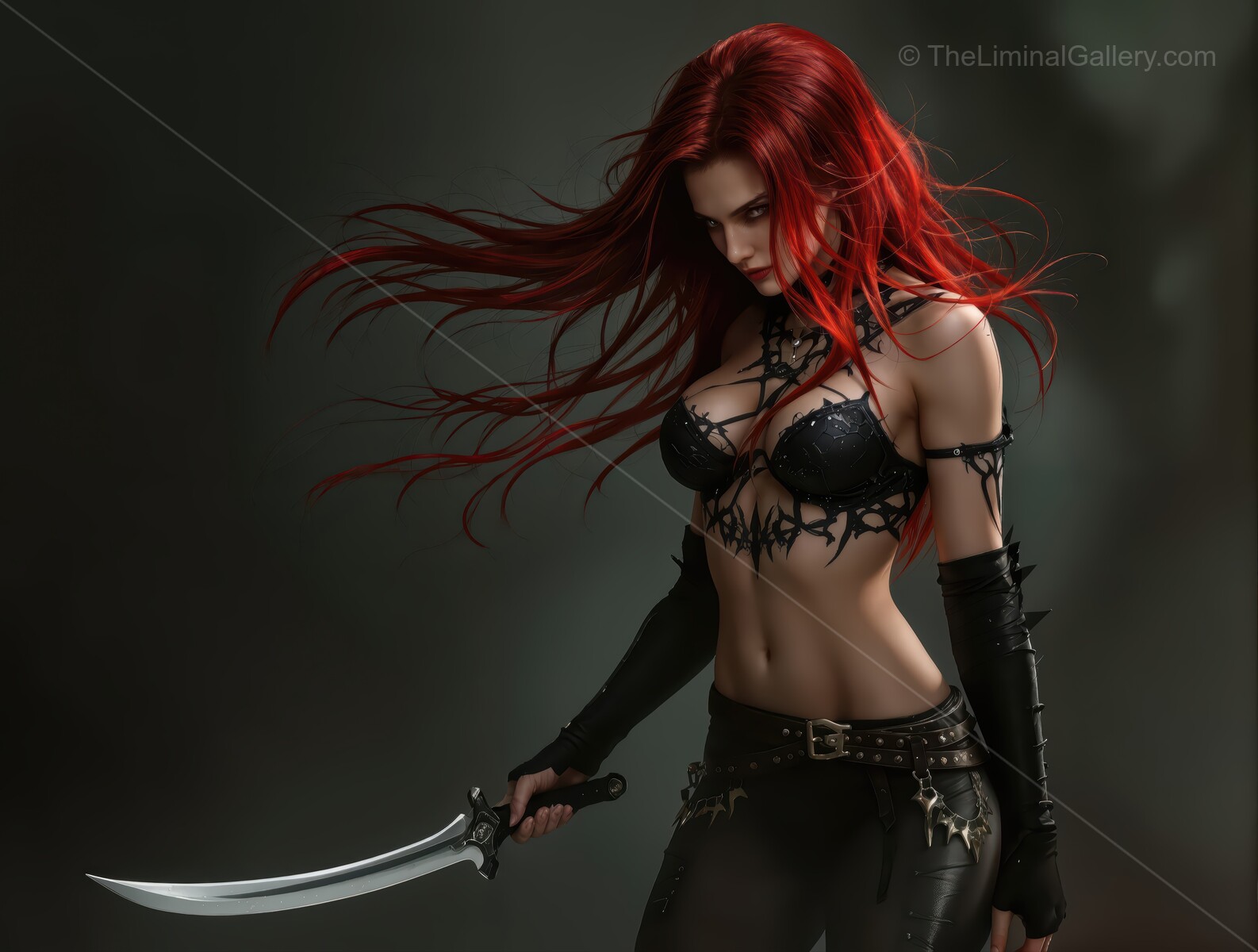 Stunning warrior with fiery red hair in a dark fantasy setting wielding a gleaming sword