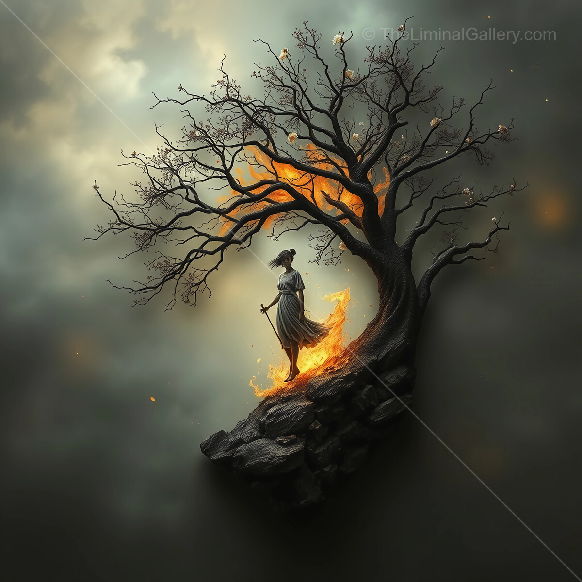 Mysterious figure standing by a fiery tree under swirling clouds at twilight