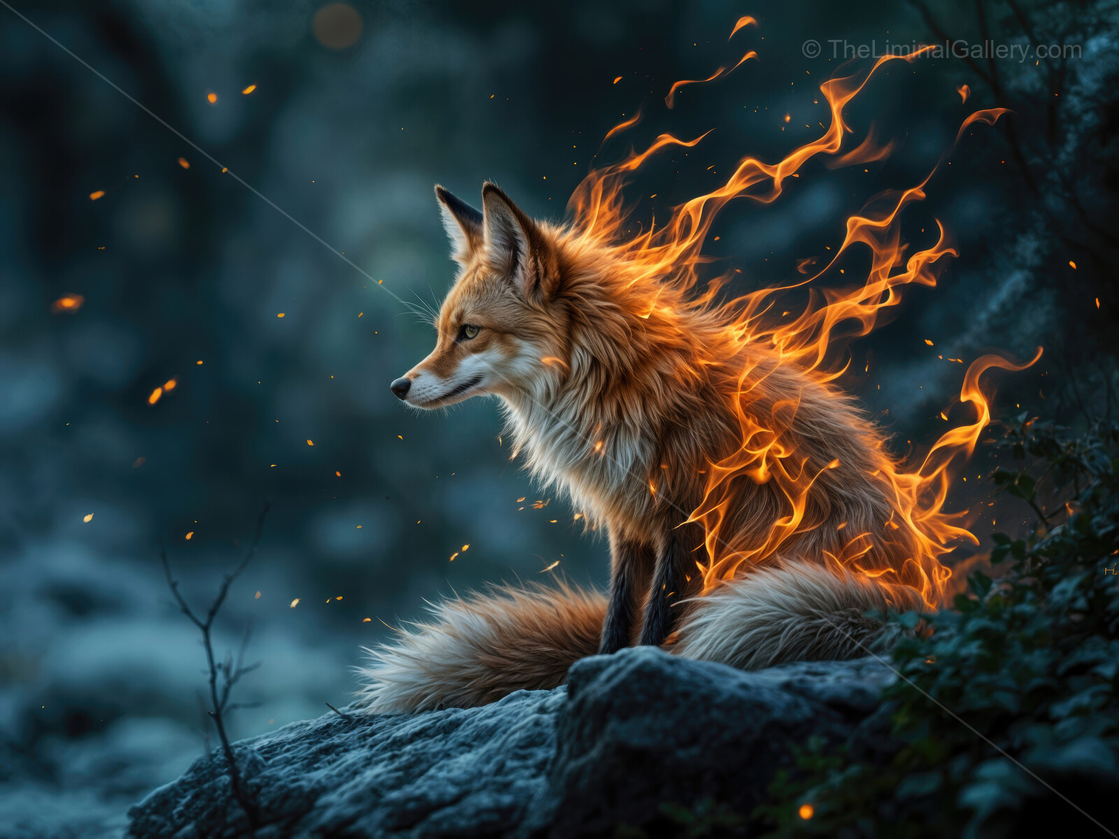 Fox surrounded by flames in a mystical forest setting at twilight, blending nature and fantasy in a captivating scene