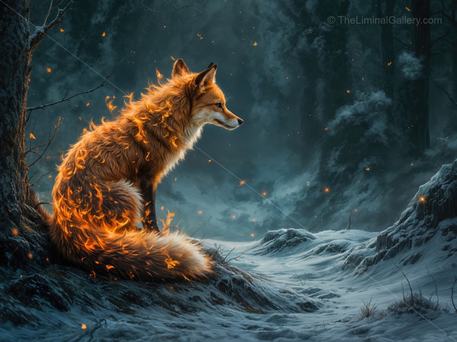 Flame-kissed fox rests in a snowy forest under the glow of twilight in a magical winter scene