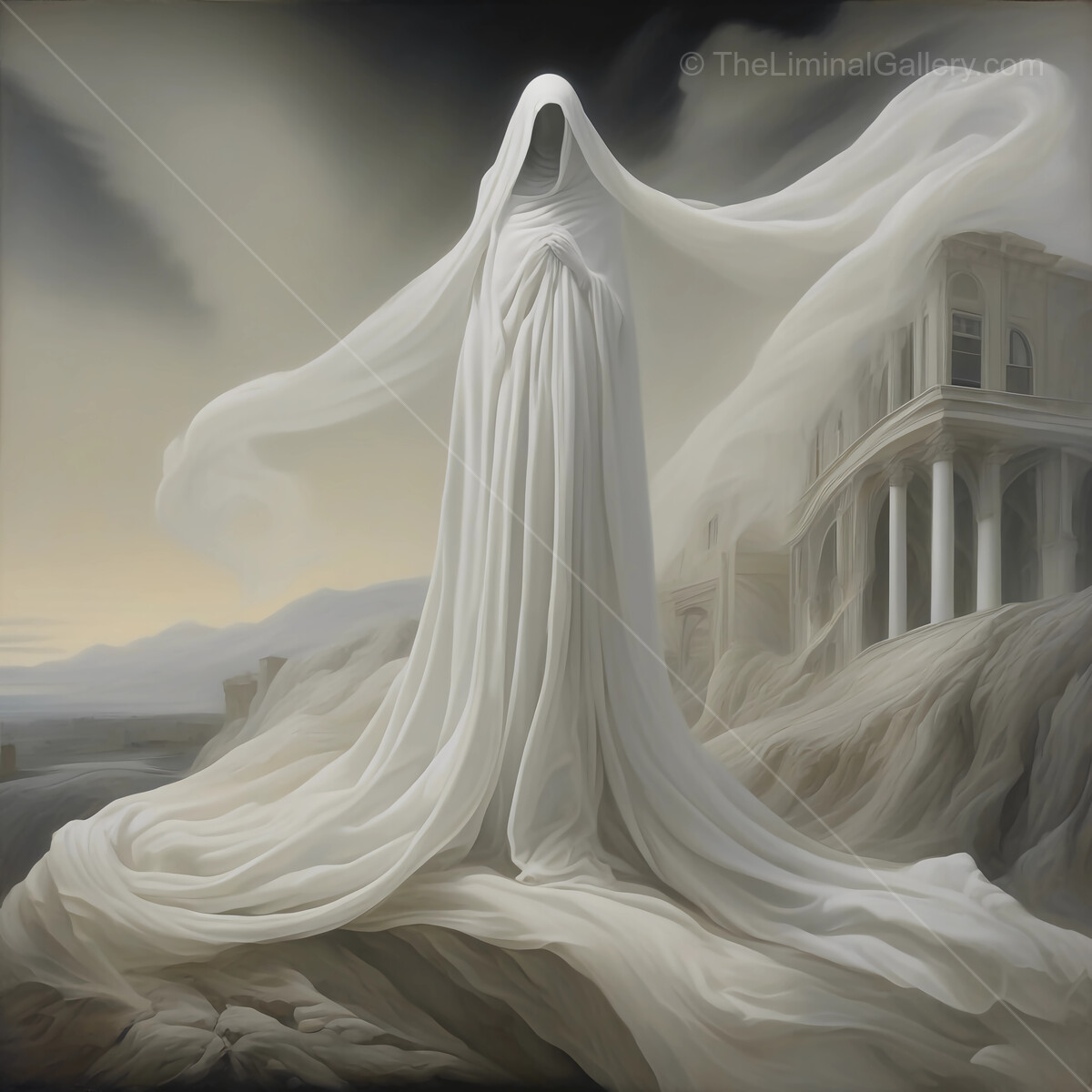 Ghostly Grim Reaper draped in flowing white fabric amidst ancient ruins at twilight
