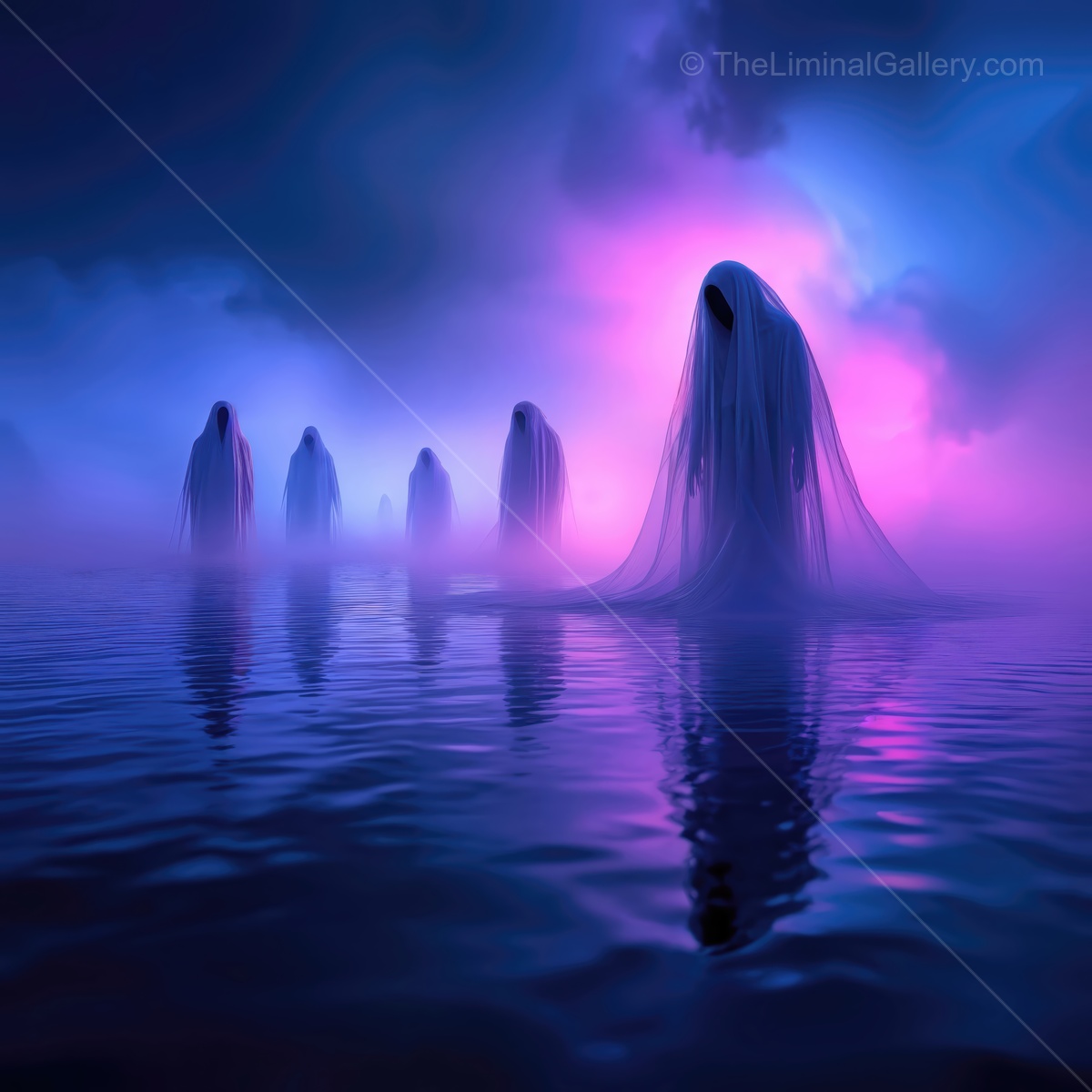 Mysterious figures emerge from the mist over a serene water body at twilight, creating an eerie yet captivating scene