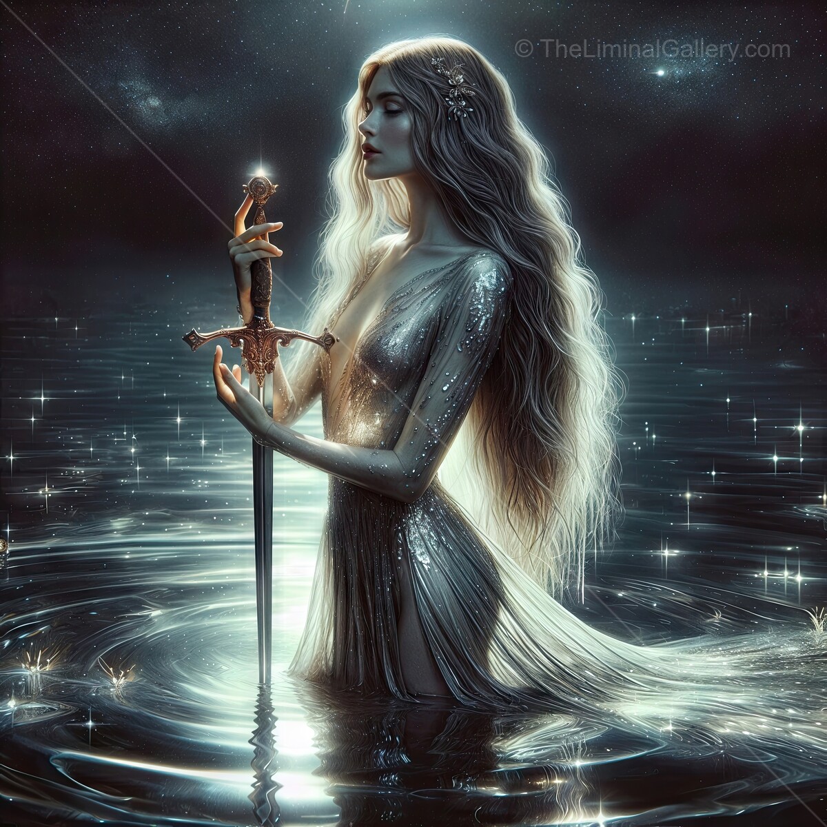 Glimmering Lady of the Lake emerges from still waters, a mystical night of enchantment and strength awaits