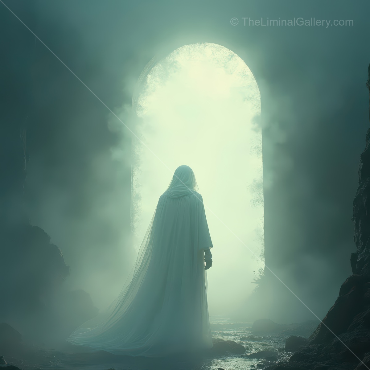 Mysterious figure in a foggy landscape stands before a glowing archway at dawn