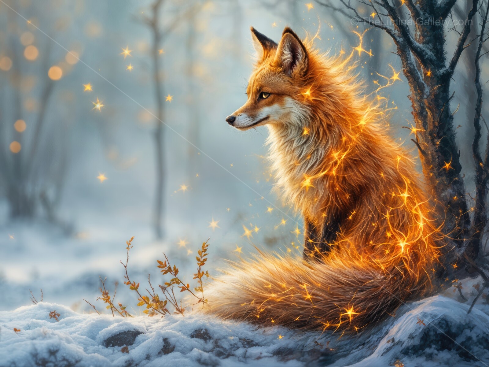 Majestic fox illuminated by magic in a snowy forest at twilight