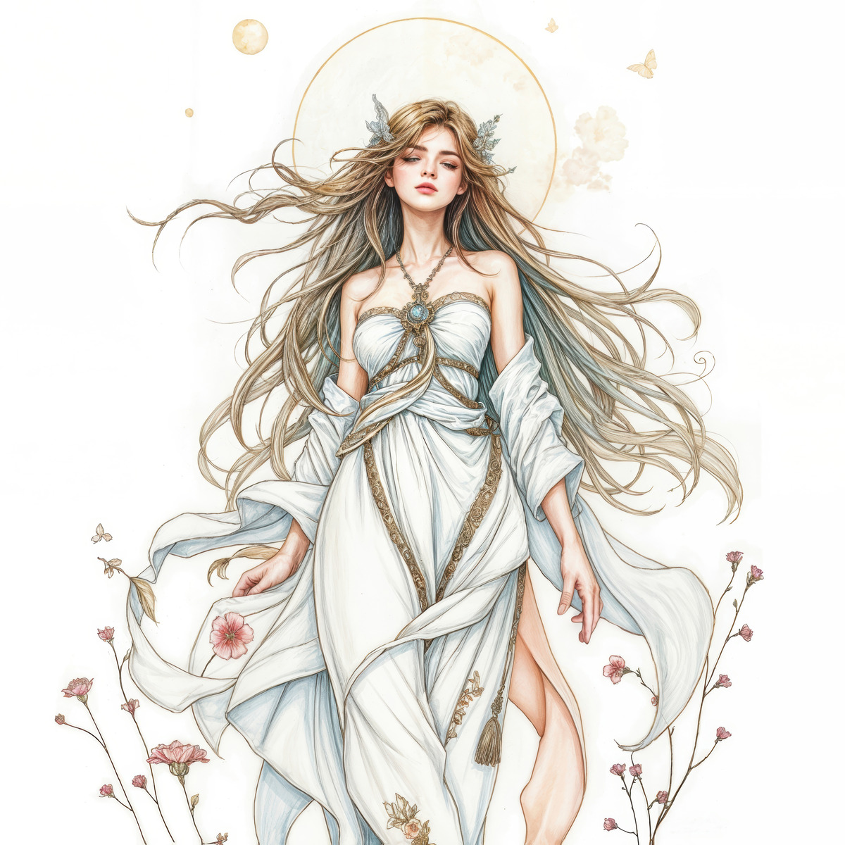 Enchanting goddess in a flowing white gown embodies fantasy in a serene liminal landscape adorned with delicate flowers and butterflies