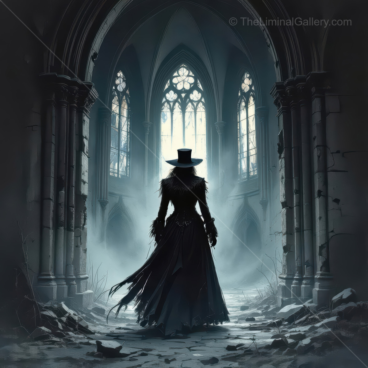 Mysterious figure cloaked in shadows explores an abandoned Gothic cathedral at twilight