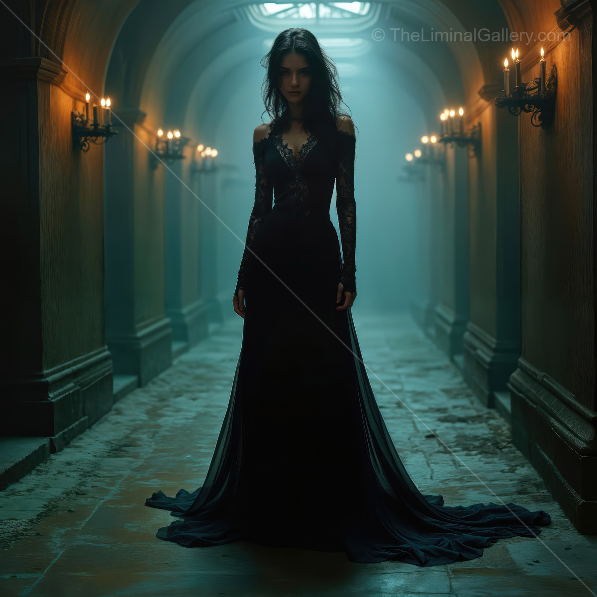 Gothic princess in dark fantasy explores a mystical liminal space filled with candlelight and shadows