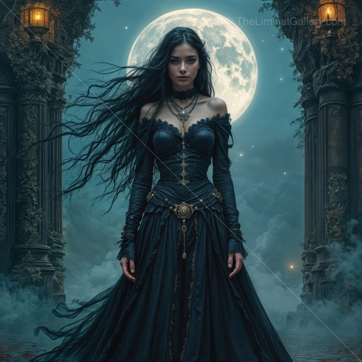 Gothic woman in a mystical realm of shadows and light under a radiant moon, exploring the boundary between fantasy and reality