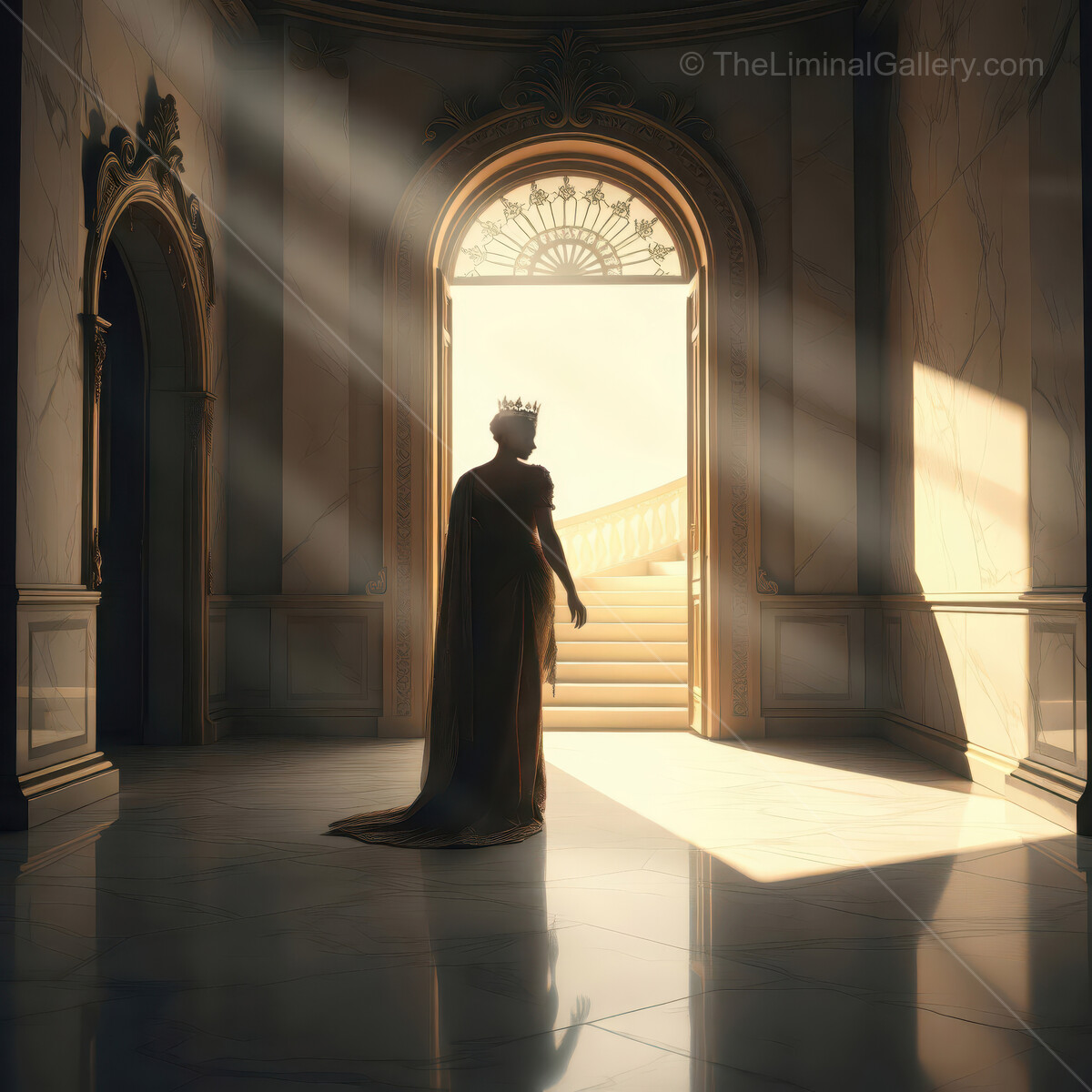 Lonely queen stands in a liminal sunlit hall, poised at the entrance, crowned and cloaked in flowing grandeur
