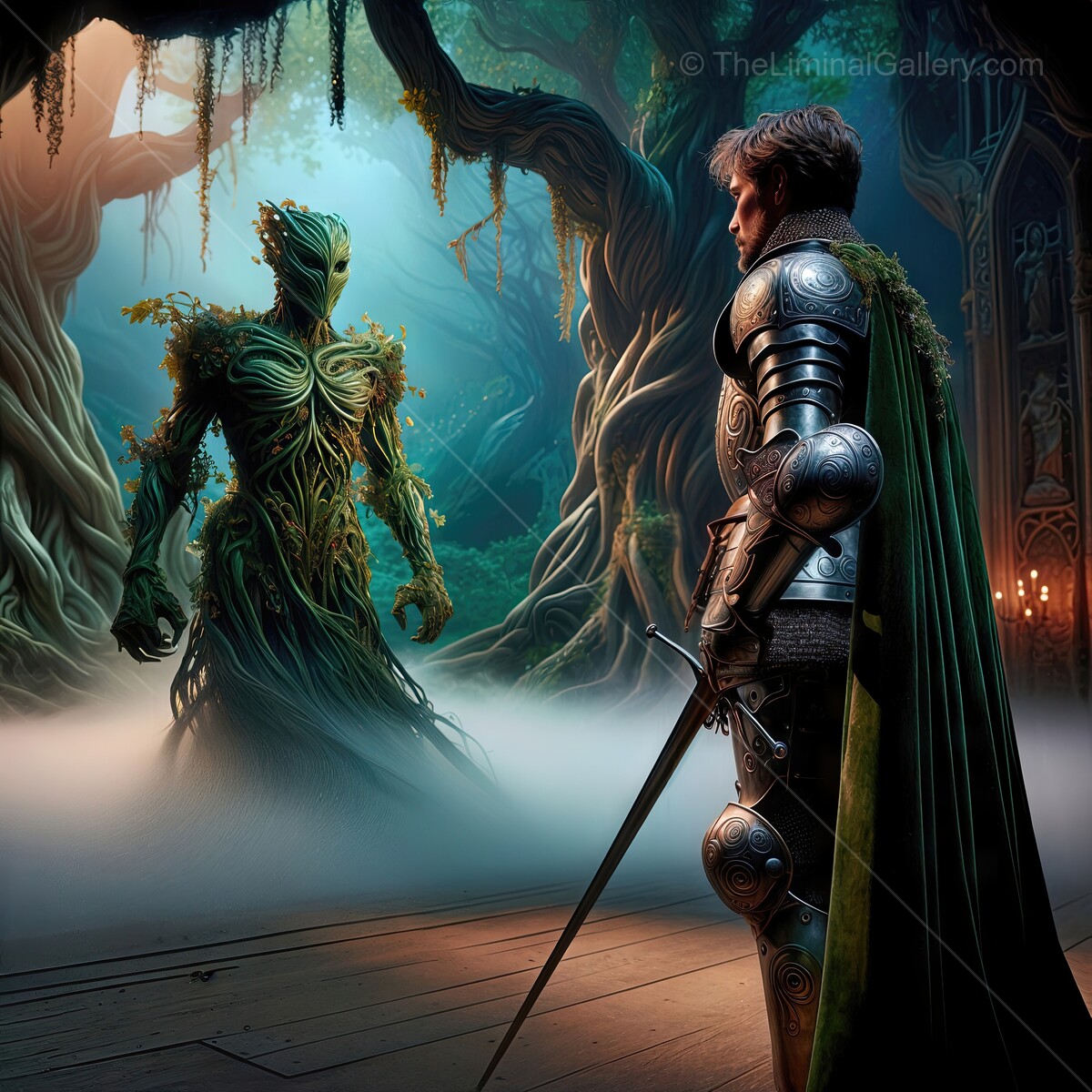 Green knight faces mythical guardian in enchanted forest at dusk