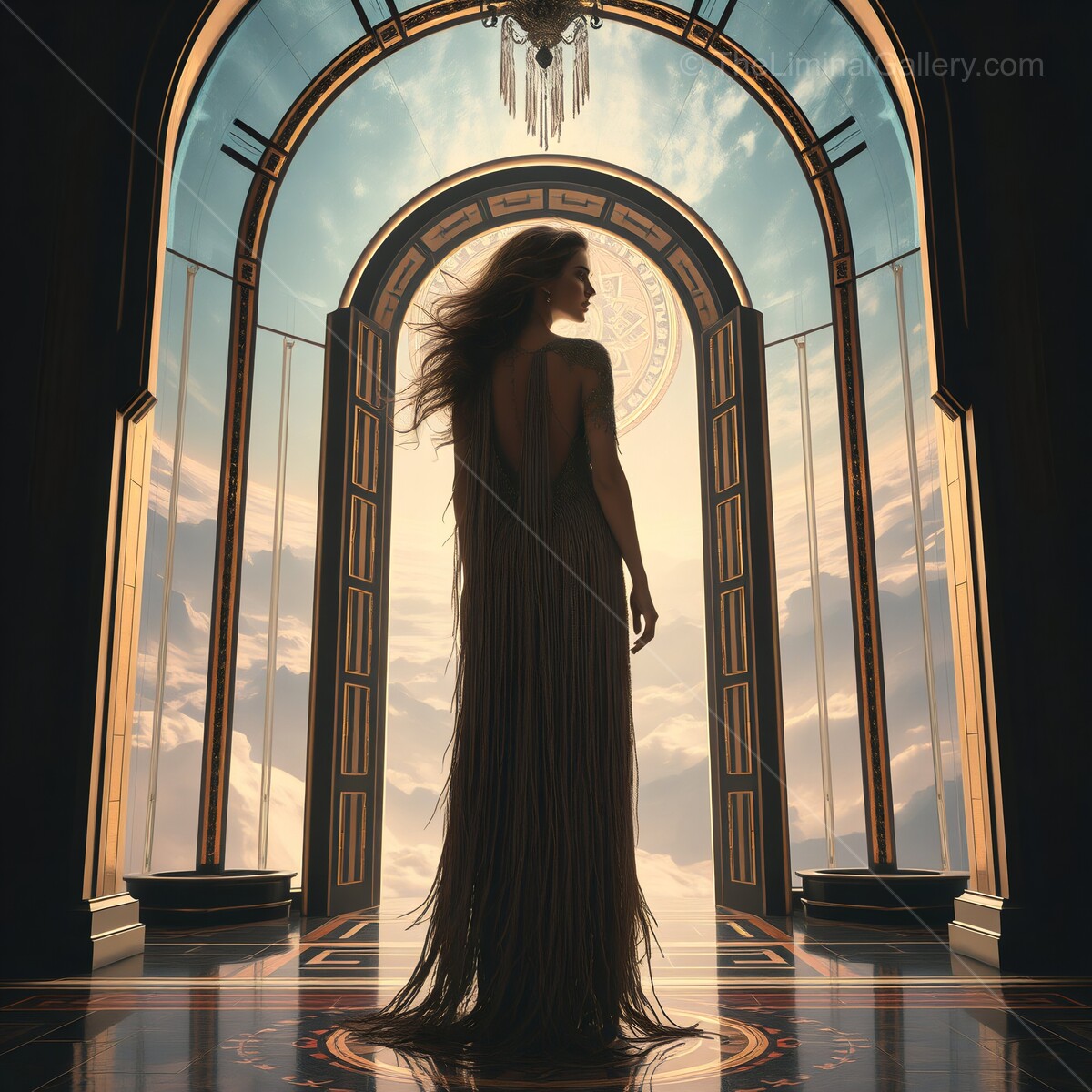 Elegant deco woman stands in an ornate doorway revealing a breathtaking sky at dusk