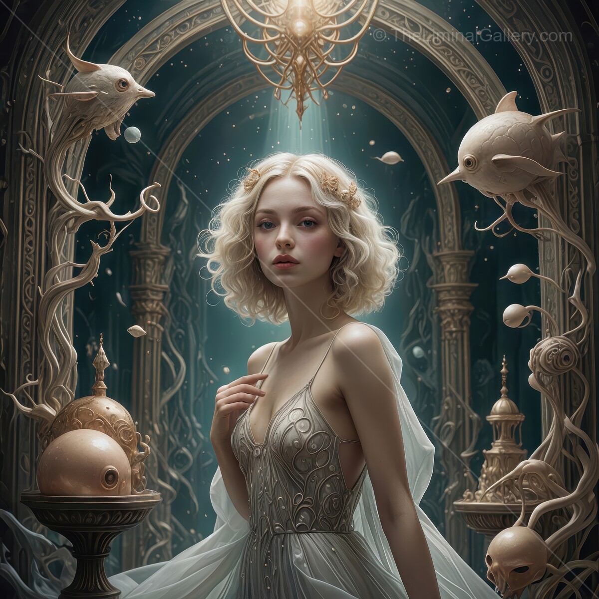 Ethereal elegance unfolds in an enchanting underwater realm at twilight with beautiful woman