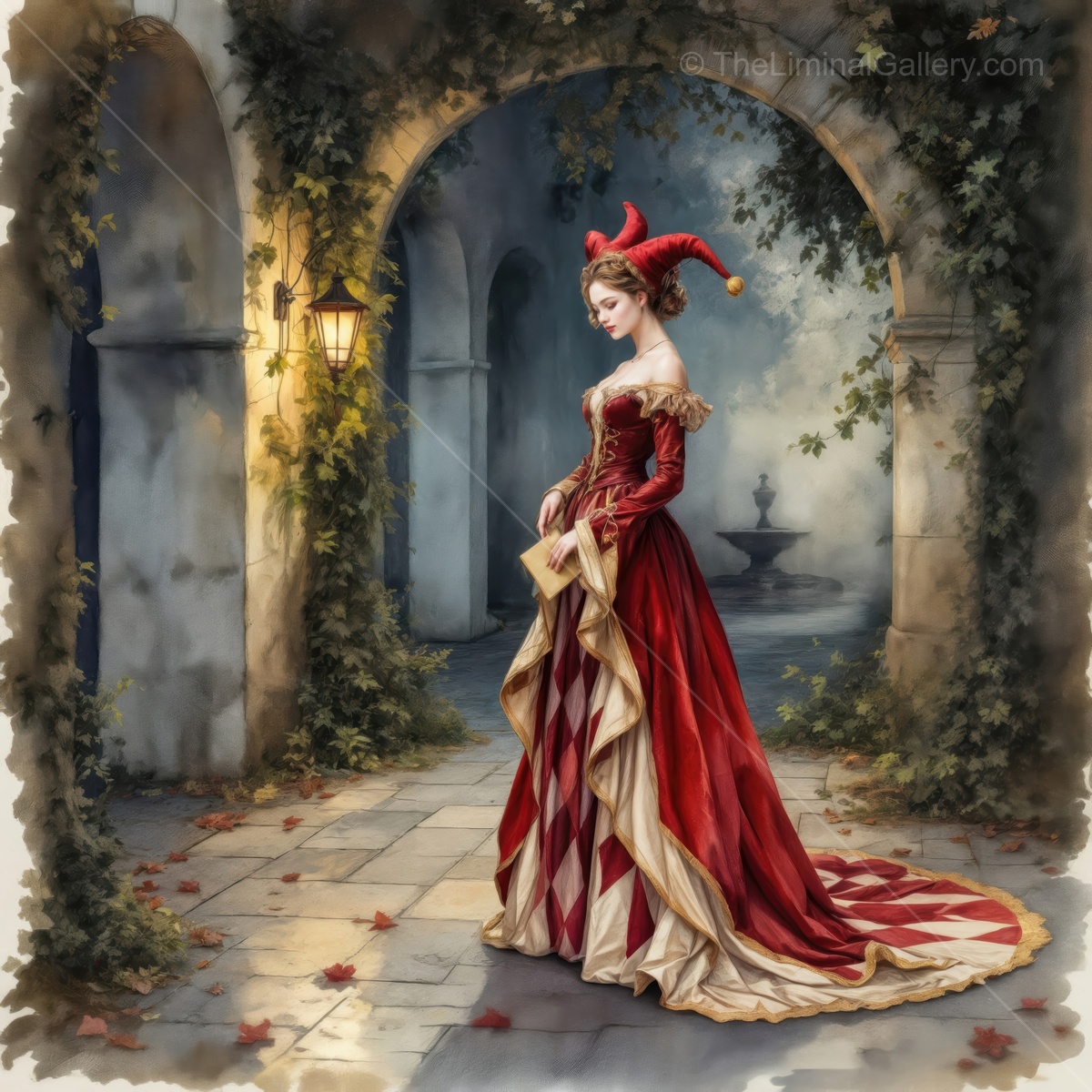 Elegant harlequin woman in a vibrant red and gold costume walking through an enchanting stone passageway at dusk