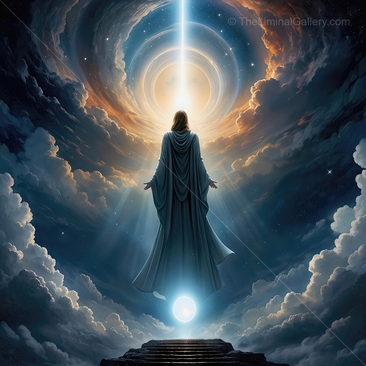 Heavenly figure ascending towards a radiant light amidst swirling clouds in a celestial scene