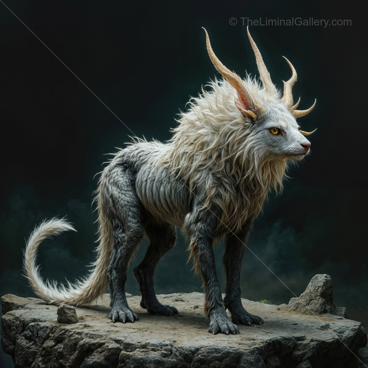 Mysterious creature with long fur and horns stands on rocky platform in dark, mystical setting
