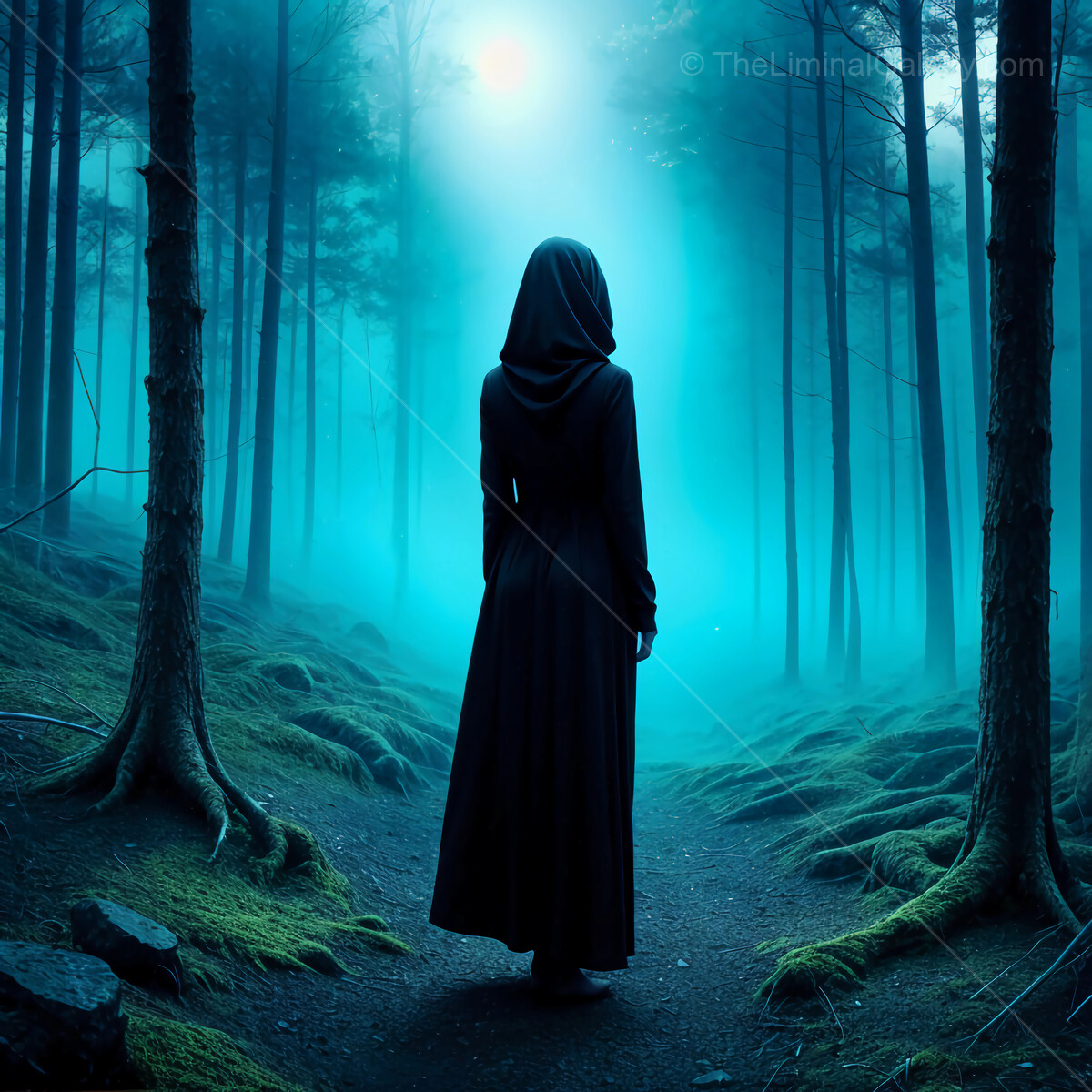 Mysterious figure surrounded by a misty forest at twilight casting an enchanting aura