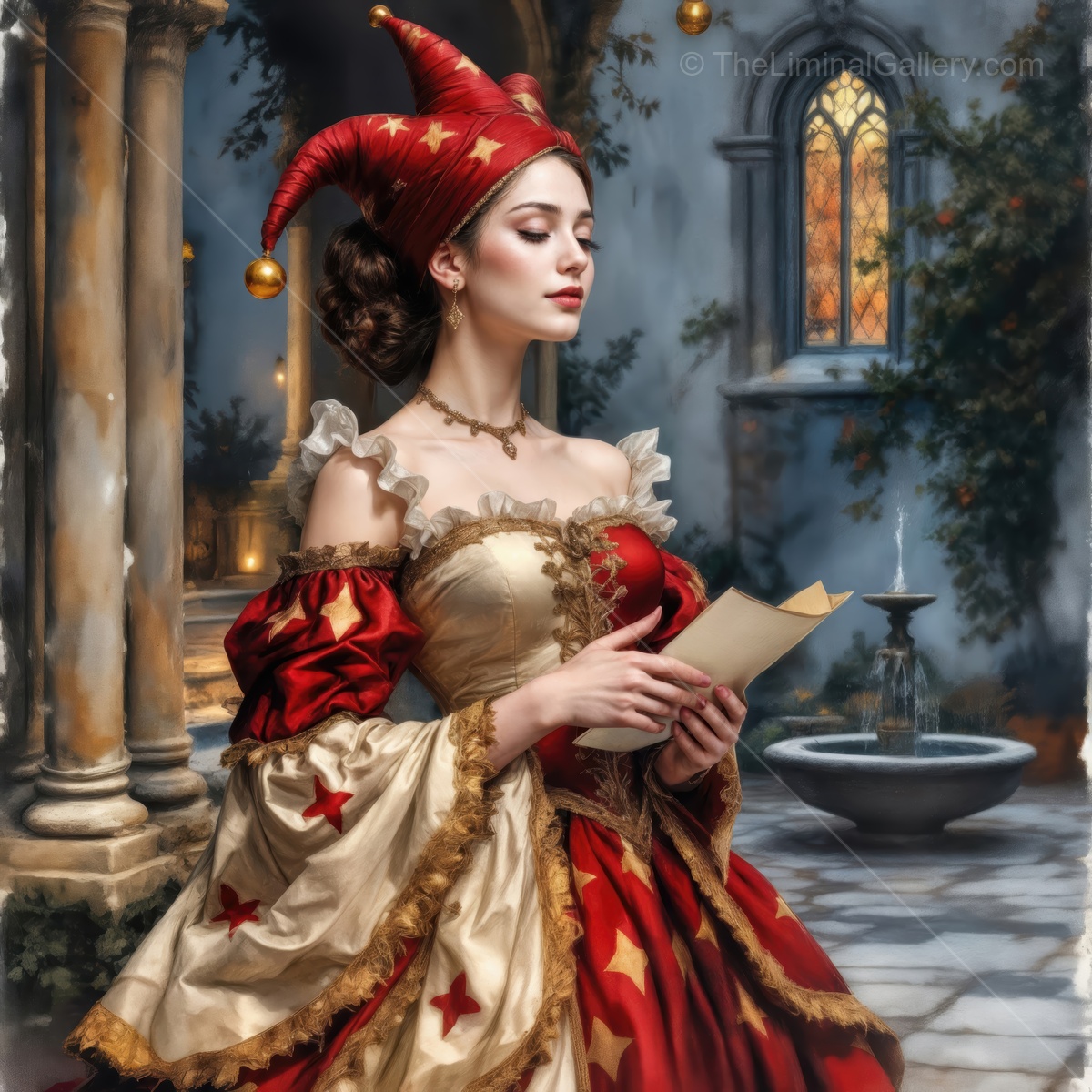 Elegant jester in a medieval garden holds a letter under soft afternoon light in a serene setting