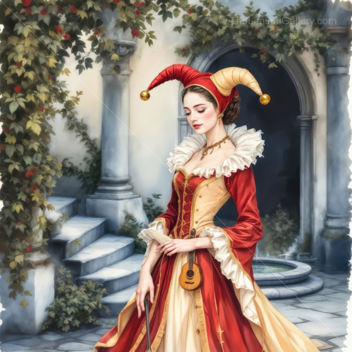 Elegant jester in a beautiful garden setting, captured in a moment of serene reflection during a sunny afternoon