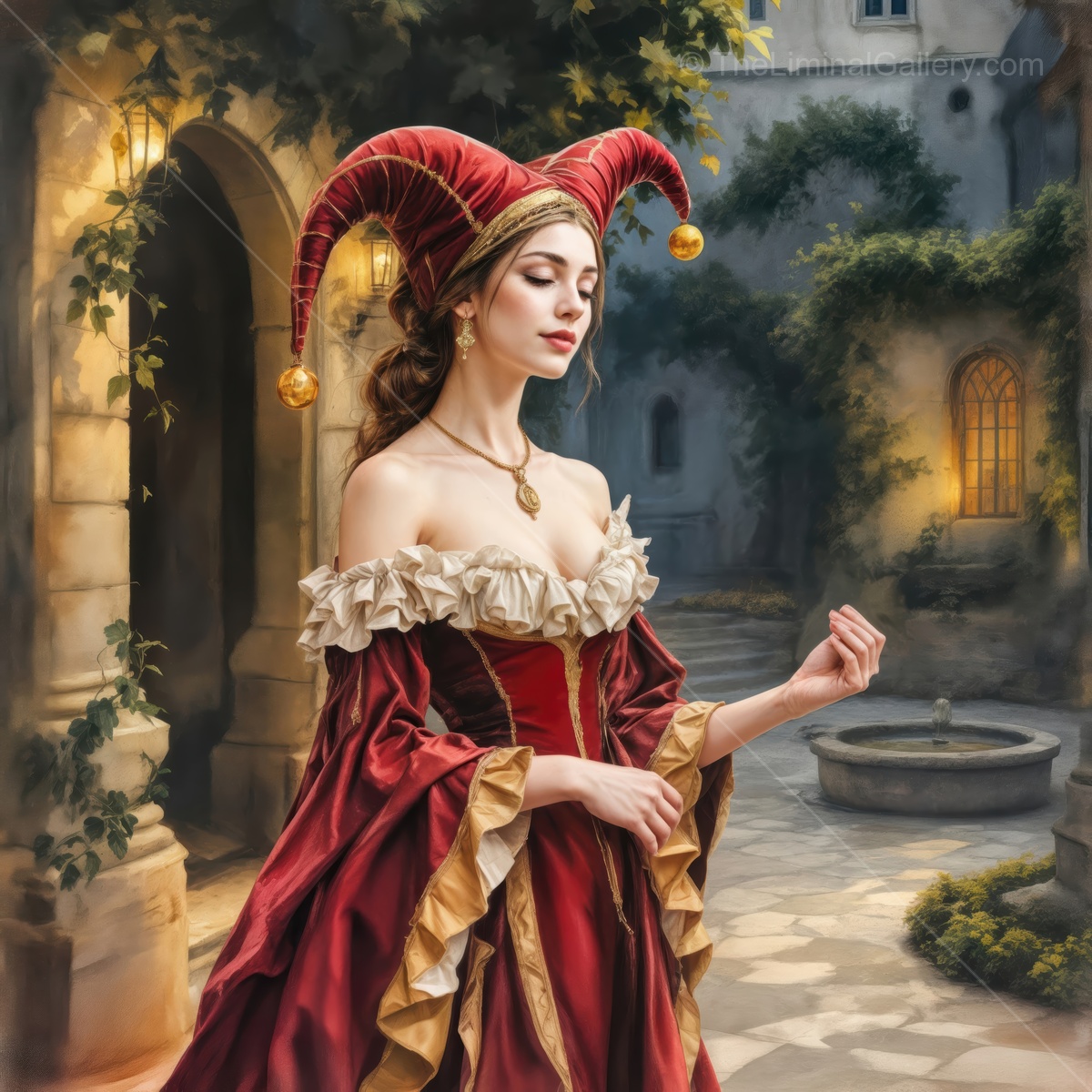 Enchanting jester in a medieval courtyard wearing a vibrant costume during a serene evening
